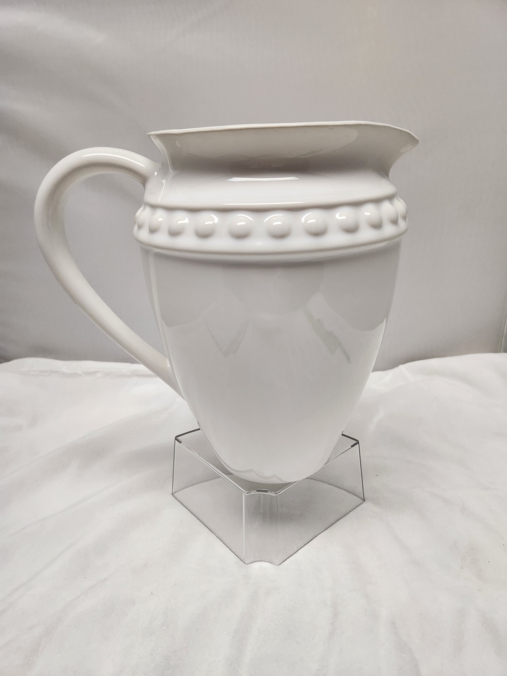 White Ceramic Beaded-Rim Pitcher by